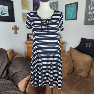Hot Kiss Black White Striped Lace Up Shirt Dress Size S